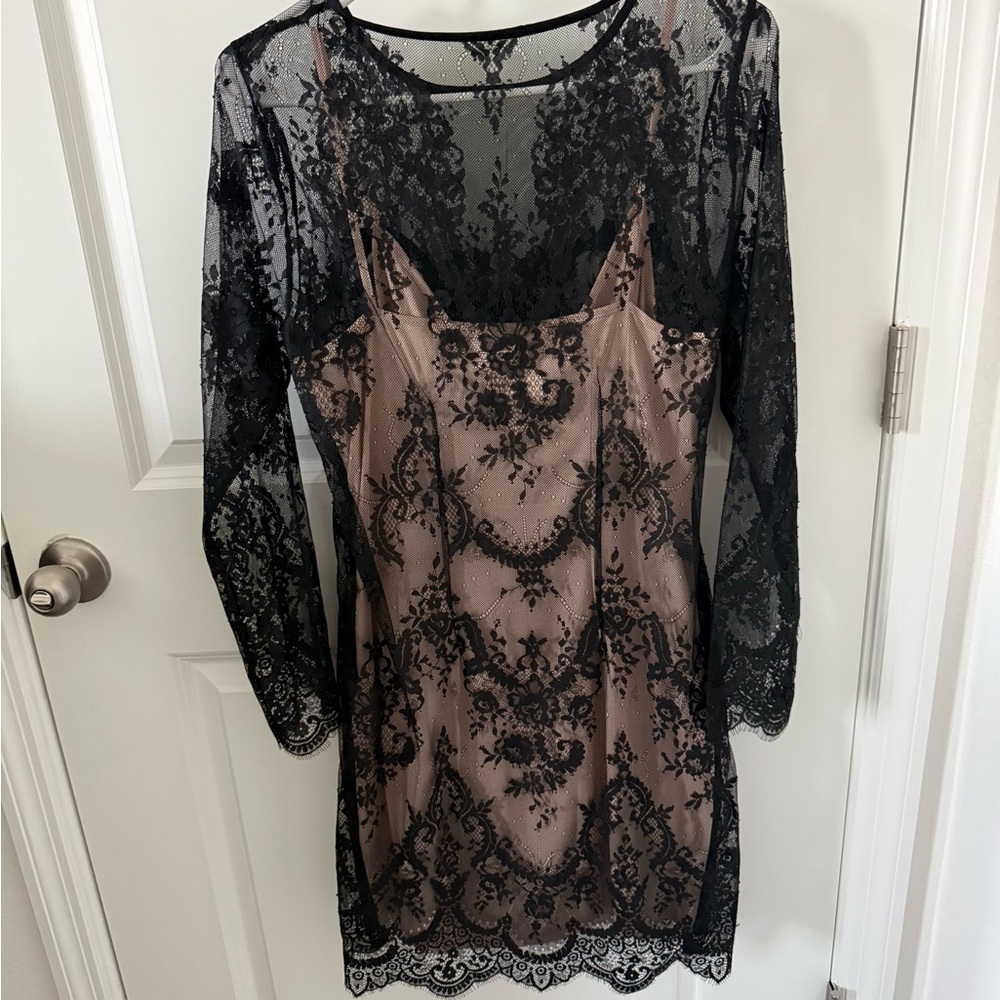 Express Black Lace Overlay Dress with Nude Underlay - Picture 2 of 3